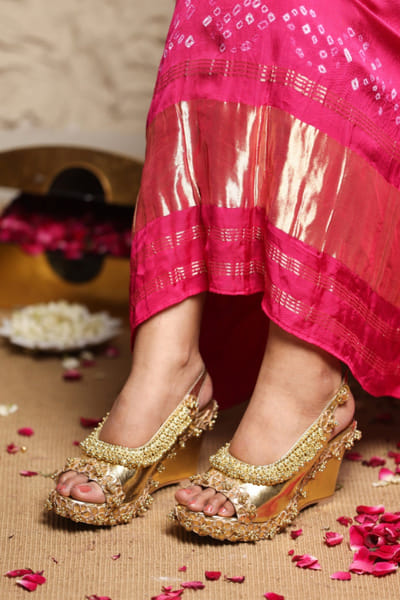 5 Elements by Radhika Gupta Gold embellished floral open-toe wedges 5ELEJUN26D147444