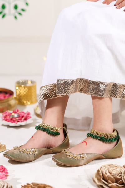 5 Elements by Radhika Gupta Muted gold embellished juttis 5ELEJUN26D147446