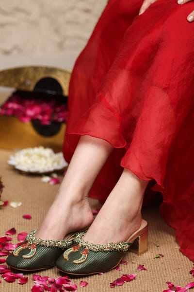 5 Elements by Radhika Gupta Green embellished heeled mules 5ELEJUN26D147447