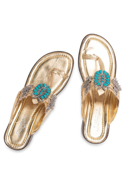 5 Elements by Radhika Gupta Gold embellished turquoise motif kolhapuri heels 5ELEJUN26D147449