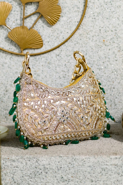 5 Elements by Radhika Gupta Gold mirror and bead embellished handbag 5ELEJUN26D148329