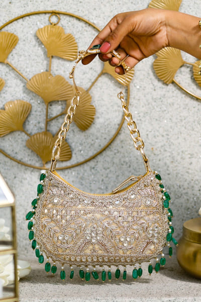 5 Elements by Radhika Gupta Gold mirror and bead embellished handbag 5ELEJUN26D148329