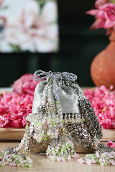 5 Elements by Radhika Gupta Silver embellished brocade potli bag 5ELEJUN26D148332