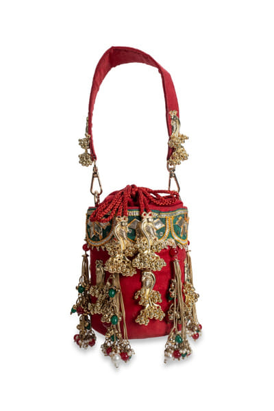 5 Elements by Radhika Gupta Red peacock embellished velvet potli bag 5ELEJUN26D148336