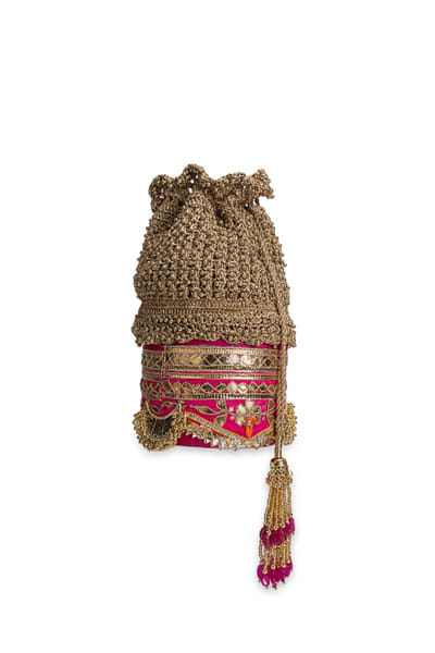 5 Elements by Radhika Gupta Pink and gold zari embellished potli bag 5ELEJUN26D148337