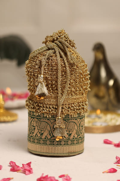 5 Elements by Radhika Gupta Green and gold zari embellished potli bag 5ELEJUN26D148338