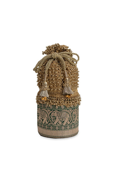 5 Elements by Radhika Gupta Green and gold zari embellished potli bag 5ELEJUN26D148338