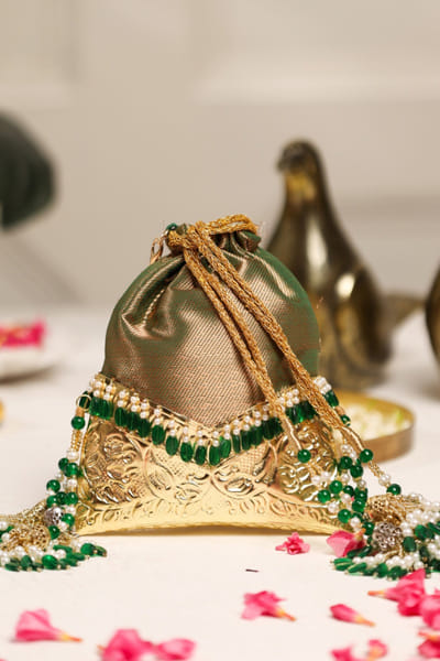 5 Elements by Radhika Gupta Green embellished brocade potli bag 5ELEJUN26D148343