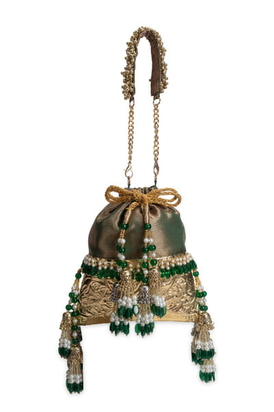 5 Elements by Radhika Gupta Green embellished brocade potli bag 5ELEJUN26D148343