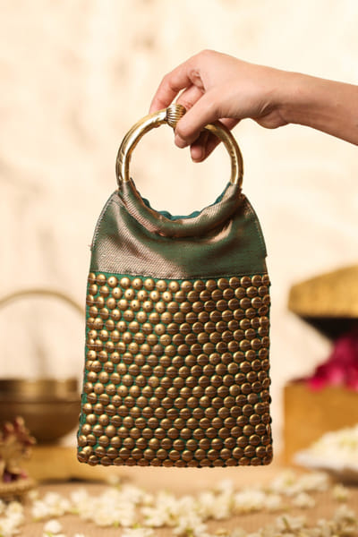 5 Elements by Radhika Gupta Green embellished brocade handbag 5ELEJUN26D148345