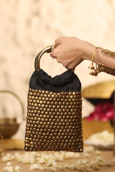 5 Elements by Radhika Gupta Black embellished brocade handbag 5ELEJUN26D148346