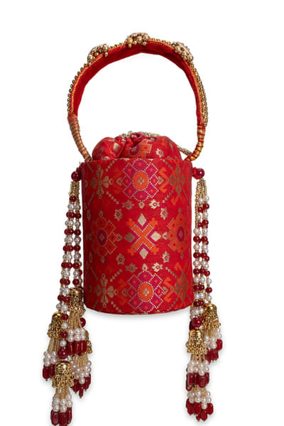 5 Elements by Radhika Gupta Red pearl and bead embellished potli bag 5ELEJUN26D148348