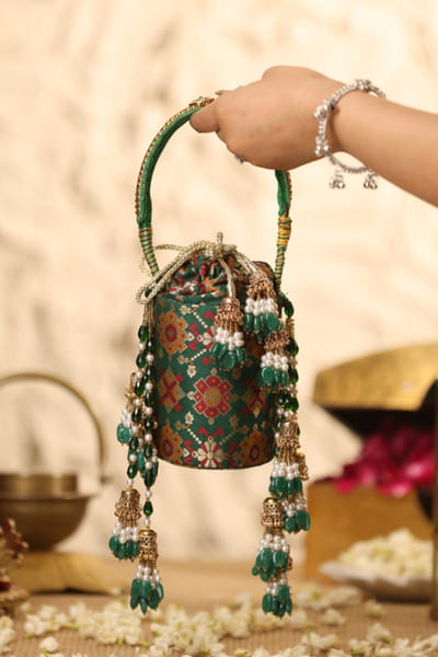 5 Elements by Radhika Gupta Green pearl and bead embellished potli bag 5ELEJUN26D148349