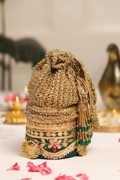 5 Elements by Radhika Gupta Green and gold zari embellished potli 5ELEJUN26D148355