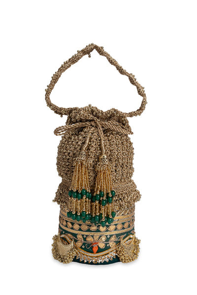 5 Elements by Radhika Gupta Green and gold zari embellished potli 5ELEJUN26D148355