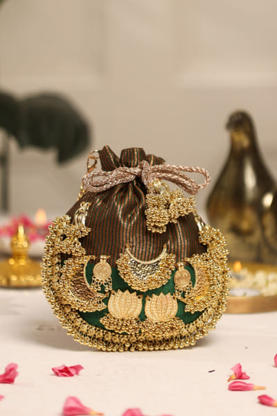 5 Elements by Radhika Gupta Green lotus-ghungroo embellished potli 5ELEJUN26D148356