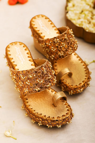 Gold floral gota embroidered wedges