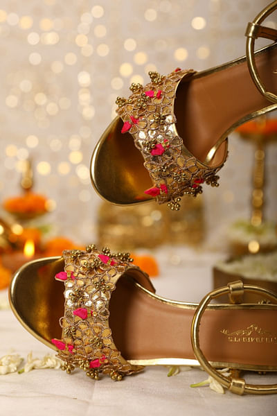 Gold and pink floral gota embroidered heels