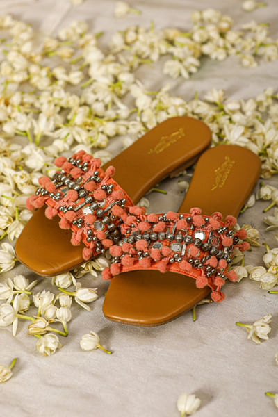 Peach and silver ghungroo and pom pom sliders