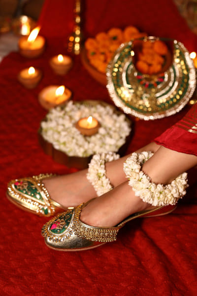 Gold and green floral gota embroidered juttis