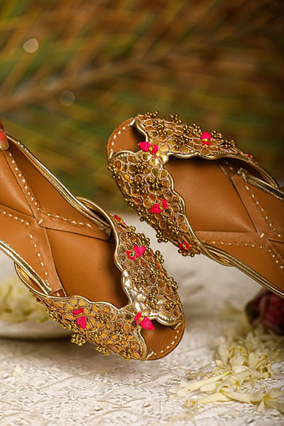 Gold and pink floral gota embroidered juttis