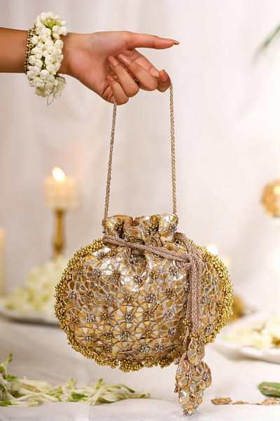 Gold floral gota embroidered potli bag