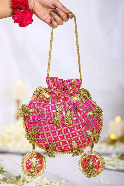 Pink gota embroidered potli bag