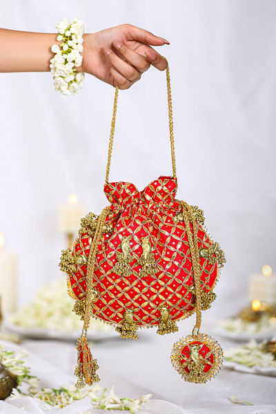 Red gota embroidered potli bag