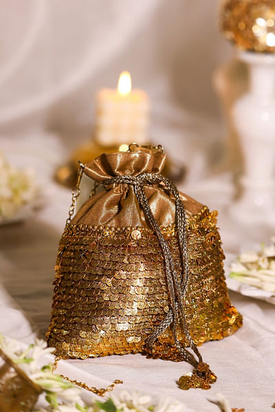 Gold coin embellished brocade bucket bag