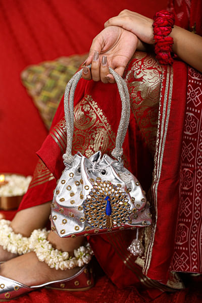 Silver peacock mirror embroidered bucket bag
