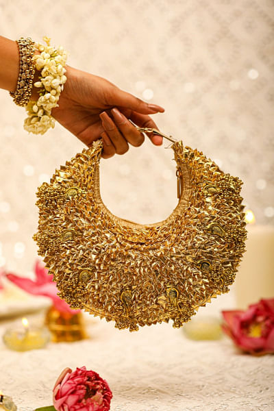 Gold gota embroidered bird detail handbag