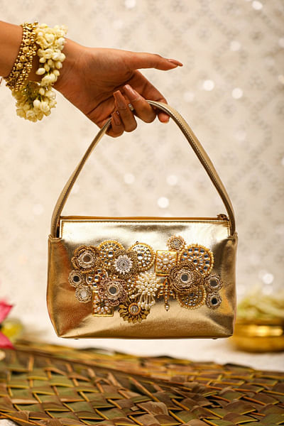 Gold 3D floral embroidered kundan handbag
