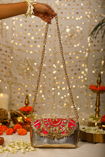 Pink gota embroidered bird detail sling bag