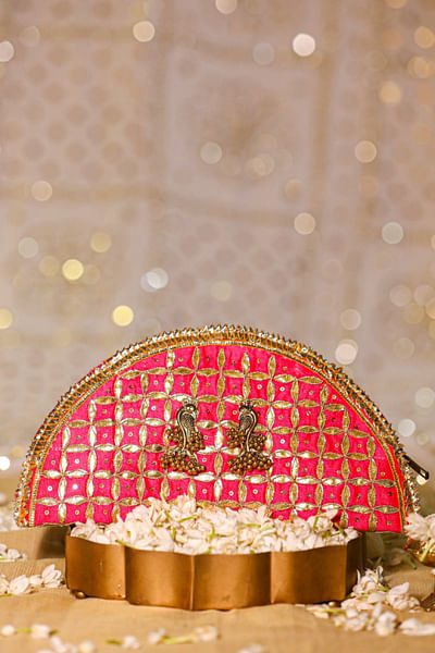Pink gota embroidered bird detail handbag