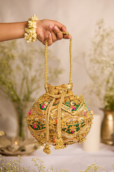 Green gold gota patti-peacock ghungroo potli