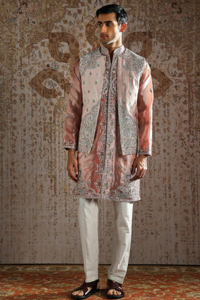Blush paisley pearl embroidered kurta bundi set