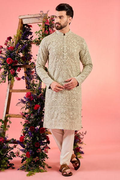 Beige sequin embroidered chikankari kurta