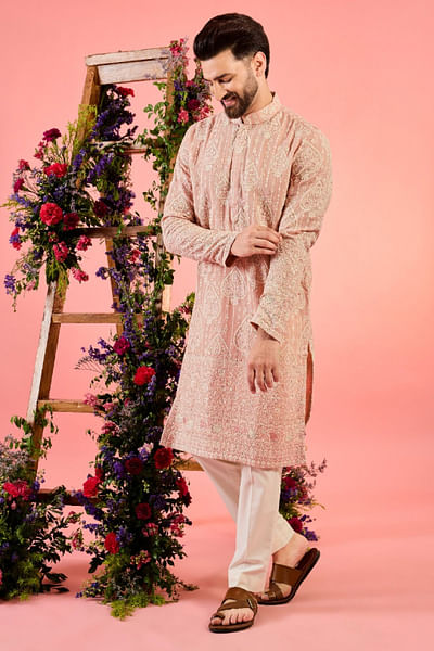 Pink sequin embroidered chikankari kurta
