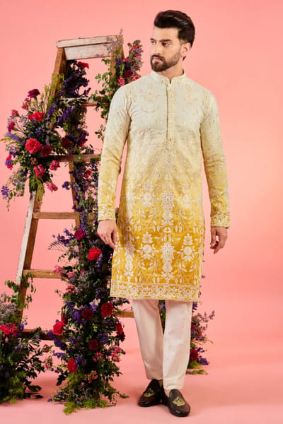 Yellow ombre mirror-thread embellished kurta