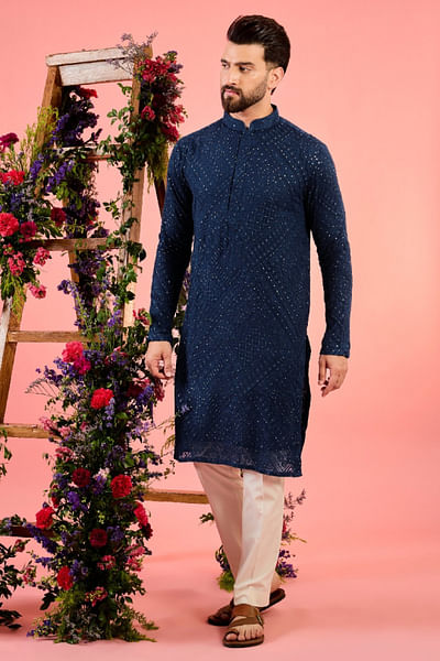 Navy blue sequin embroidered chikankari kurta