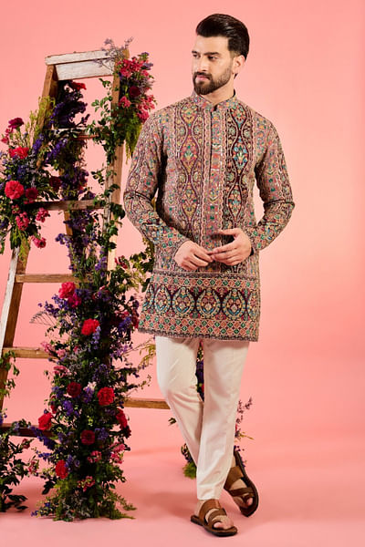 Multicolour aari embroidered chikankari kurta