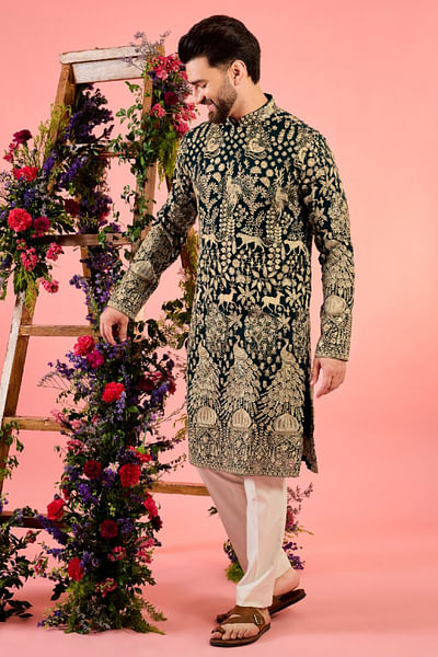 Green flora and fauna zari embroidered kurta