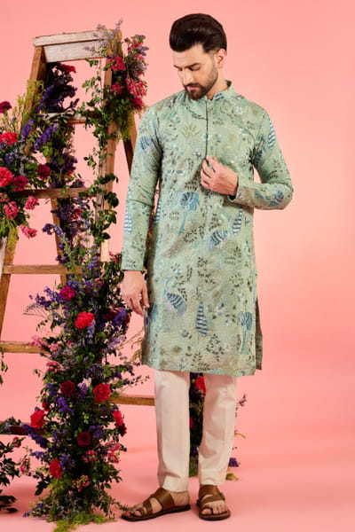 Mint green thread embroidery chikankari kurta