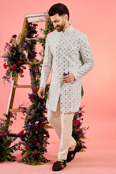 Ivory mirror embellished Indo-Western sherwani