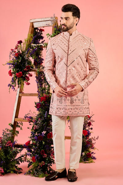 Peach leather patchwork Indo-Western sherwani