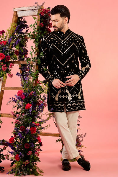 Black leather patchwork Indo-Western sherwani