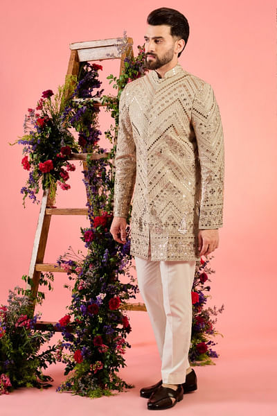 Beige leather patchwork Indo-Western sherwani