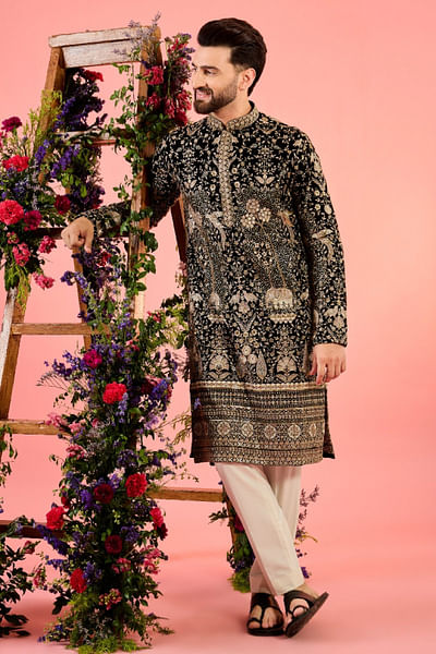 Black flora and fauna sequinned kurta