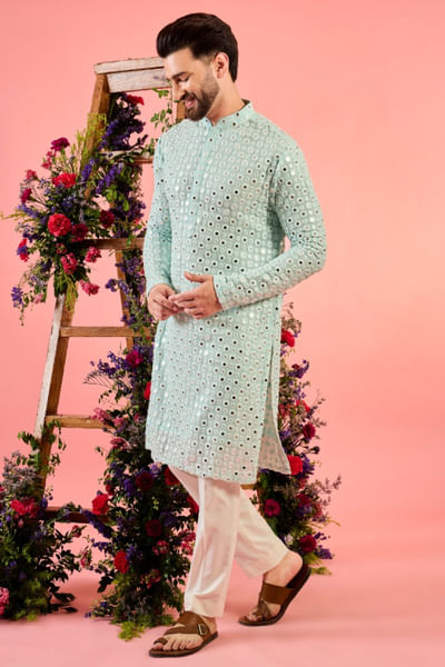 Ice blue mirror-sequin embellished kurta