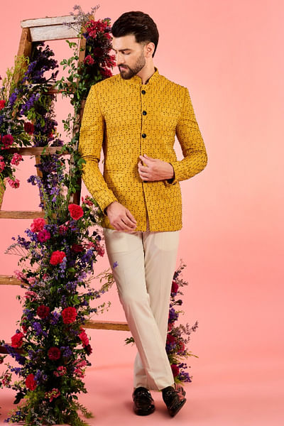 Yellow cutdana-thread embroidered bandhgala